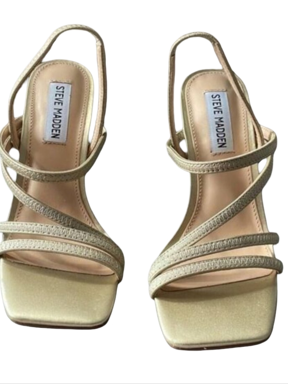Steve Madden Newsflash Gold Leather Thin Strap Stiletto Open Toe Dress Sandals S